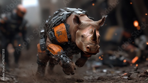 A sci-fi inspired rhinoceros outfitted in tactical gear races through a battlefield, showcasing a blend of nature and technology in a gritty environment. photo