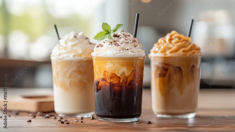 A vibrant assortment of iced coffee drinks with whipped cream, beautifully layered, showcasing the perfect blend of flavors in a cozy café setting for coffee lovers. A vibrant assortment of iced coffee drinks with whipped cream, beautifully layered, showcasing the perfect blend of flavors in a cozy café setting for coffee lovers.