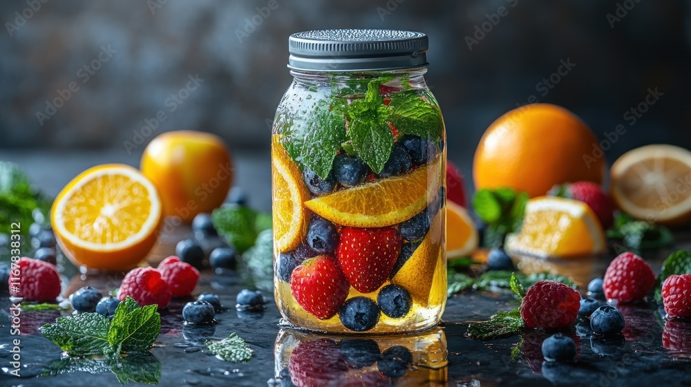 Refreshing fruit-infused beverage in a jar. Refreshing fruit-infused beverage in a jar.
