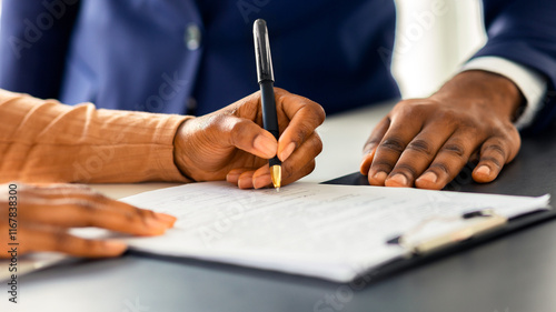 Contract Signing. Female Customer Sign Papers In Dealership Office, Unrecognizable African American Woman Client Buying New Car Or Purchasing Property, Closeup Shot, Cropped Image With Free Space photo