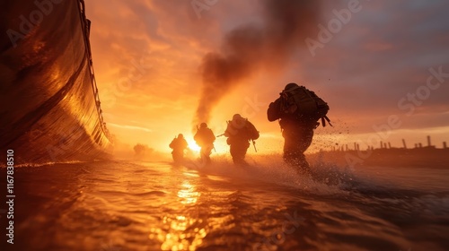 A powerful depiction of soldiers advancing through murky waters and smoke, symbolizing resilience and determination in the face of adversity during a dramatic moment of conflict.