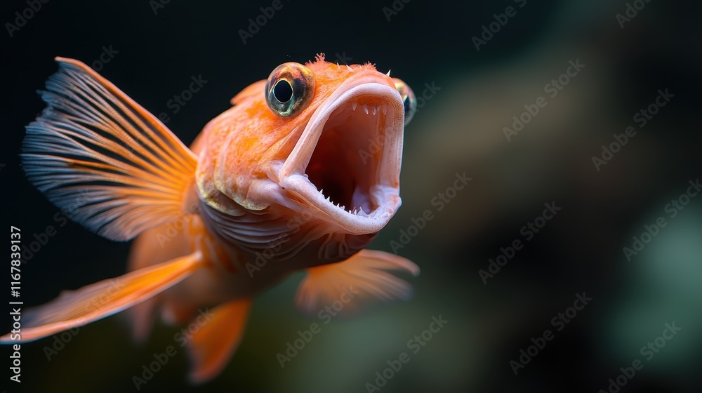 This striking underwater image captures a vibrant fish with an expressive open mouth, showcasing its vivid colors in a serene aquatic environment. This striking underwater image captures a vibrant fish with an expressive open mouth, showcasing its vivid colors in a serene aquatic environment.