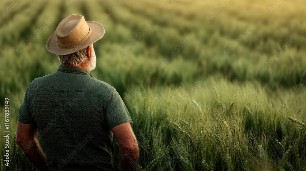 An elderly farmer stands reflectively in a lush green wheat field, embracing the tranquility and beauty of nature while contemplating life and seasons of farming. An elderly farmer stands reflectively in a lush green wheat field, embracing the tranquility and beauty of nature while contemplating life and seasons of farming.