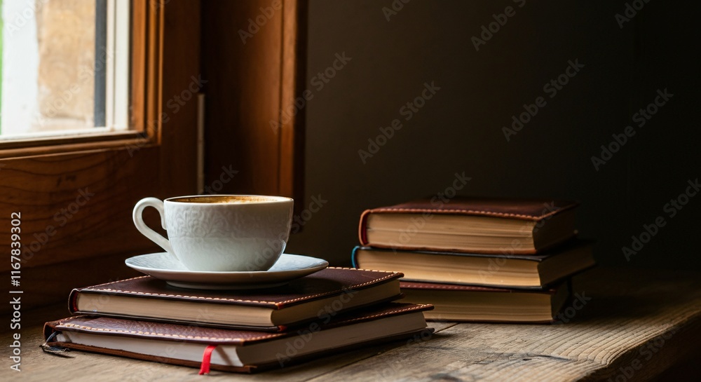 A stack of books with a steaming cup of coffee on a rustic wooden table near a window A stack of books with a steaming cup of coffee on a rustic wooden table near a window