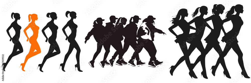 In Row Dance Run in Korea, A silhouette design featuring a standout figure in orange, contrasting with a group of darker silhouettes, suggesting individuality and movement. In Row Dance Run in Korea, A silhouette design featuring a standout figure in orange, contrasting with a group of darker silhouettes, suggesting individuality and movement.