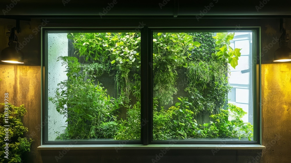 Fototapeta premium Urban Eats: Vertical Herb Garden at Restaurant Window - Cinematic Image of Fresh Greenery for Passersby