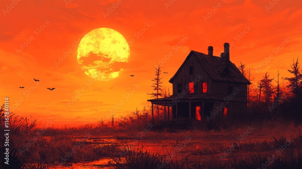 Eerie sunset over a haunted house in a marsh.