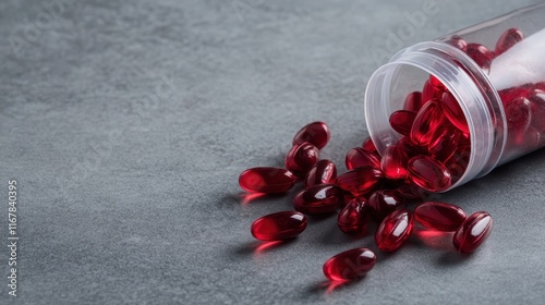 An artistic composition of red pills cascading from a transparent container onto a textured grey surface, evoking concepts around health, vitality, and modern wellness.