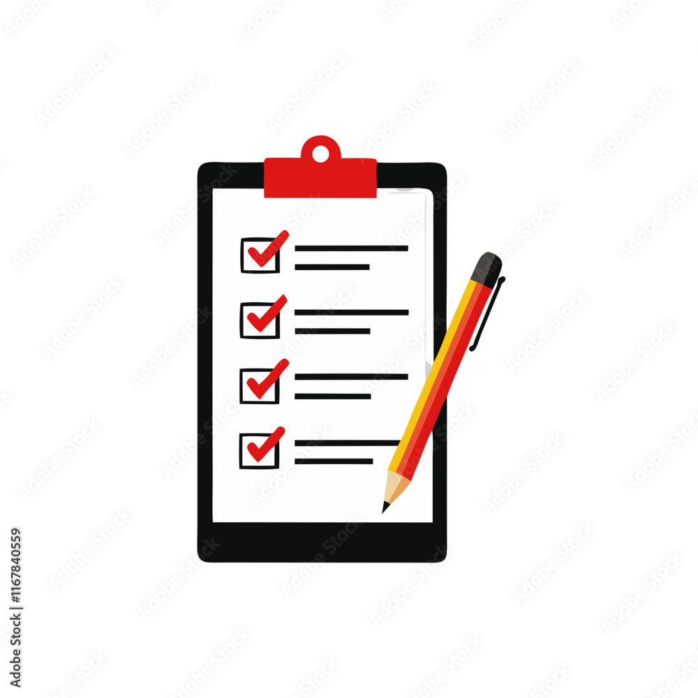 Checklist on clipboard with red checks and pencil Checklist on clipboard with red checks and pencil
