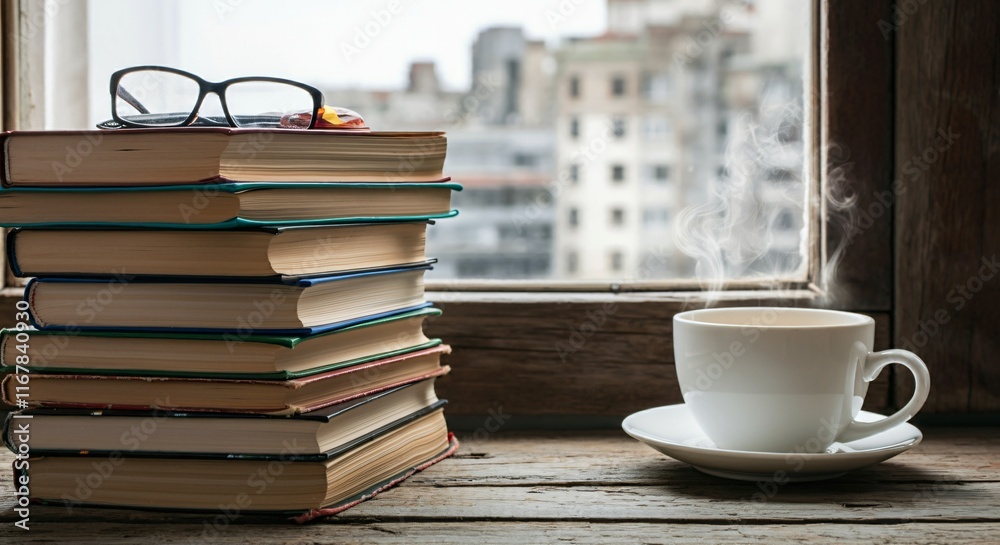A stack of books with a steaming cup of coffee on a rustic wooden table near a window A stack of books with a steaming cup of coffee on a rustic wooden table near a window