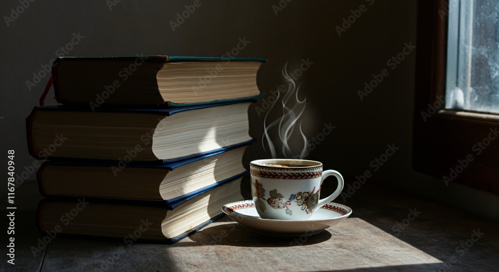 A stack of books with a steaming cup of coffee on a rustic wooden table near a window A stack of books with a steaming cup of coffee on a rustic wooden table near a window