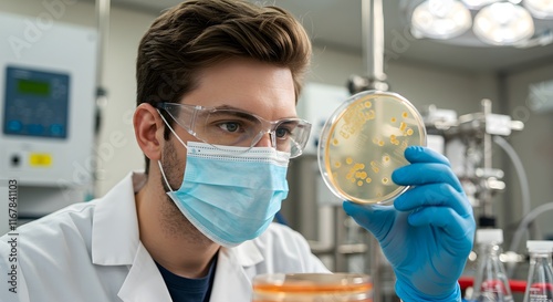 a microbiologist closely looking at a petri dish with microorganism photo