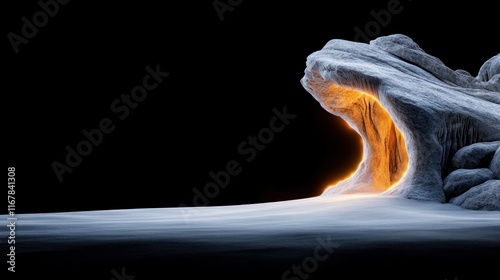 A glowing cave entrance amidst a snowy landscape.