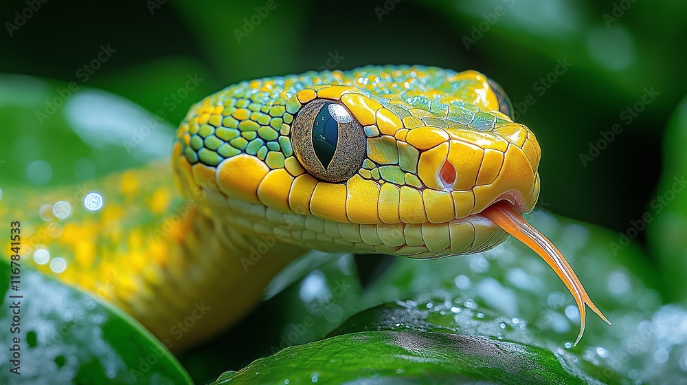 Obraz premium A vivid photo of a snakes head in motion, its tongue darting out, vibrant green jungle foliage