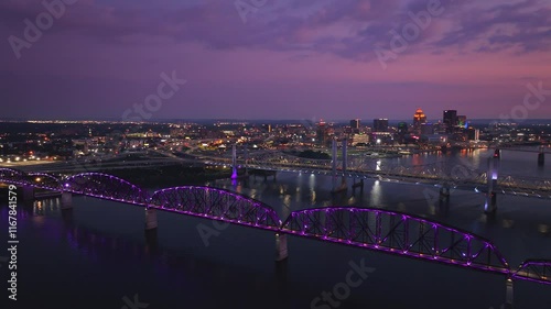 Radiant Nights: Purple-Lit Bridges Over the Ohio River in Louisville, Kentucky