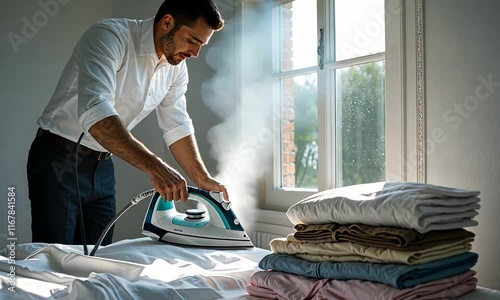 Man Ironing Clothes in Bright Interior