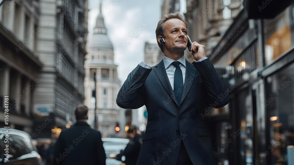 Businessman Conducts a Phone Call in London City Businessman Conducts a Phone Call in London City