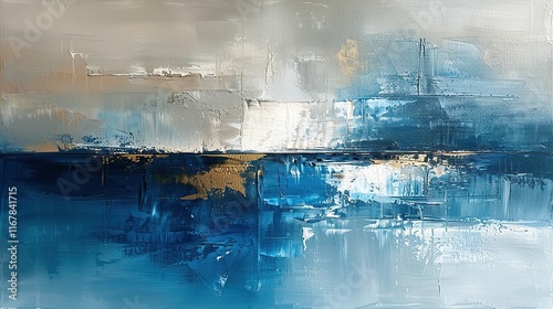Abstract painting with soft blue and white tones, accented by brown, gray, silver, white, and beige, utilizing thick brush strokes