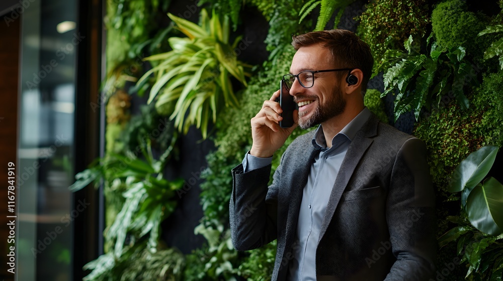 Businessman smiles while on a phone call near plants Businessman smiles while on a phone call near plants