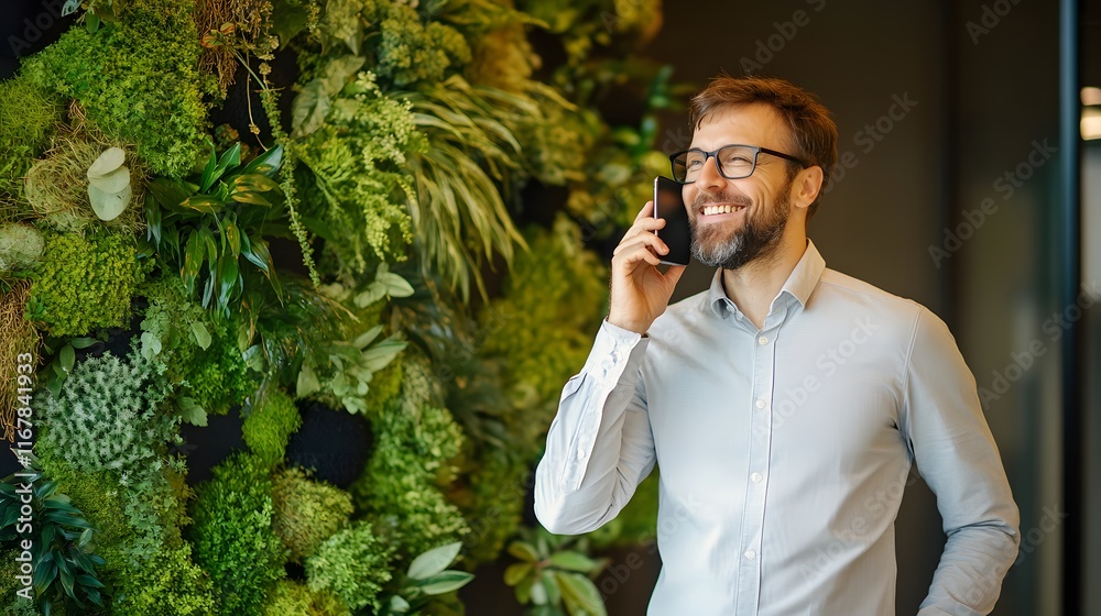 Happy Man Speaks On Phone Near Green Wall Happy Man Speaks On Phone Near Green Wall