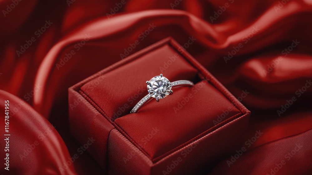 Diamond ring in red box on silk. Diamond ring in red box on silk.