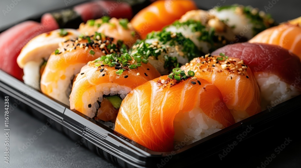 An assortment of sushi in modern packaging showcases various types, highlighting culinary diversity, vibrant colors, and the richness of flavors in Japanese gastronomy. An assortment of sushi in modern packaging showcases various types, highlighting culinary diversity, vibrant colors, and the richness of flavors in Japanese gastronomy.