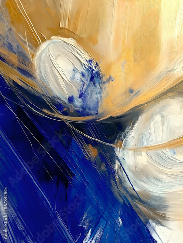 An abstract oil painting using blues and golds with soft transitions between the blue and gold so the colors are well blended Use a blending brush to the colors dont h photo