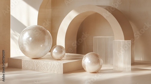 Pearl spheres on beige platform with arches.
