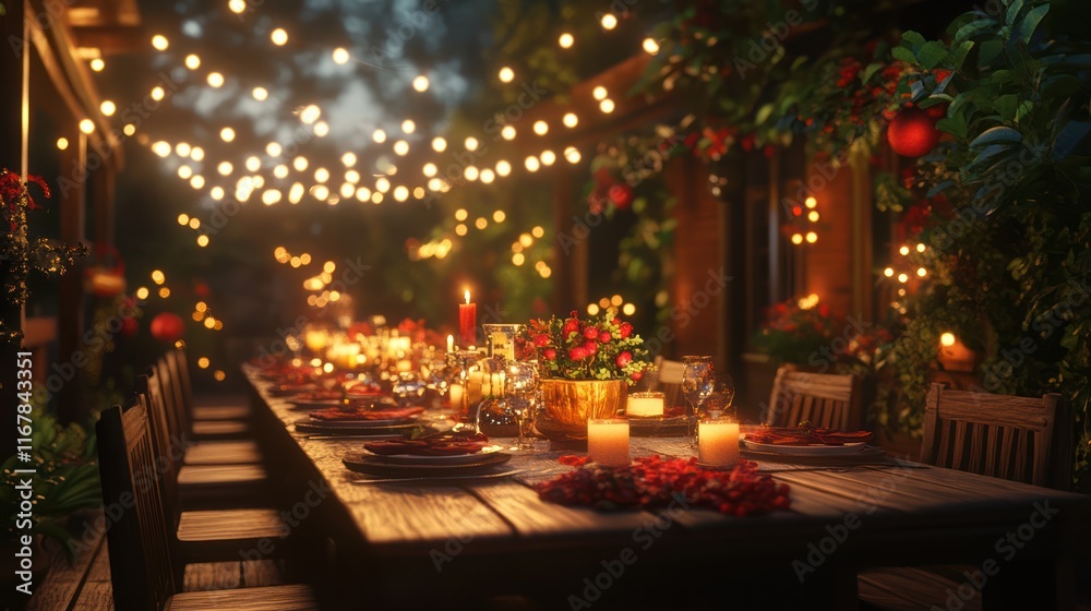 Romantic outdoor dinner party at night with string lights and candles. Romantic outdoor dinner party at night with string lights and candles.