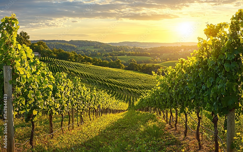 Fototapeta premium Vineyard sunset landscape, rows of vines on hillside.
