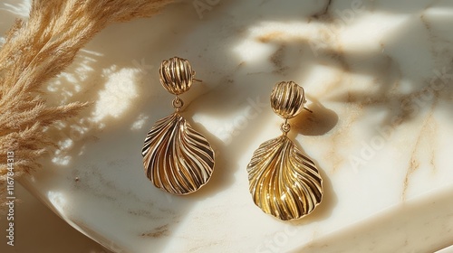 Gold shell-shaped dangle earrings on a marble surface with pampas grass. photo