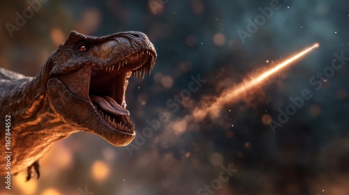 This stunning digital art showcases a fierce dinosaur roaring towards a fiery meteor shower amidst a beautiful cosmic backdrop filled with stars and colors. photo