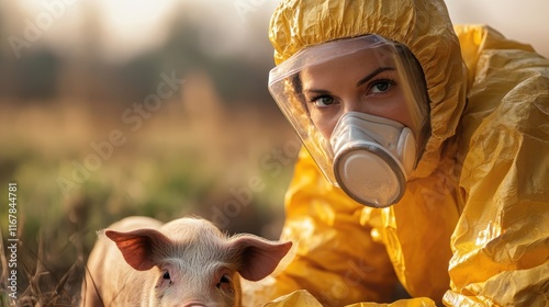 A masked woman in a yellow protective suit kneels beside a pig in a pastoral setting, highlighting the themes of animal care and biosecurity in agriculture. photo