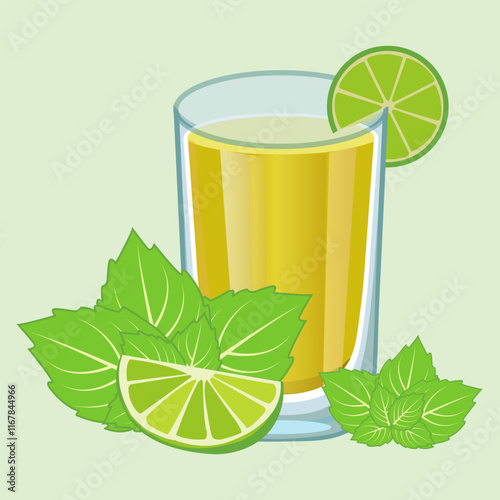 Mojito in Glass, Leafs of Mint, Lime Slices, Summer Drink, Fresh Beverage, Party Cockatail