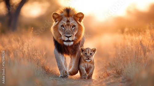 A magnificent lion strides confidently alongside its playful cub, encapsulating the beauty of wildlife in a golden sunset lit landscape.