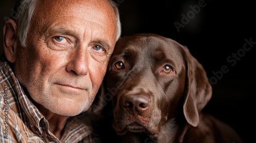 A warm and intimate portrait of an elderly man and his loyal chocolate Labrador retriever, showcasing their deep bond and connection in soft, natural lighting. photo