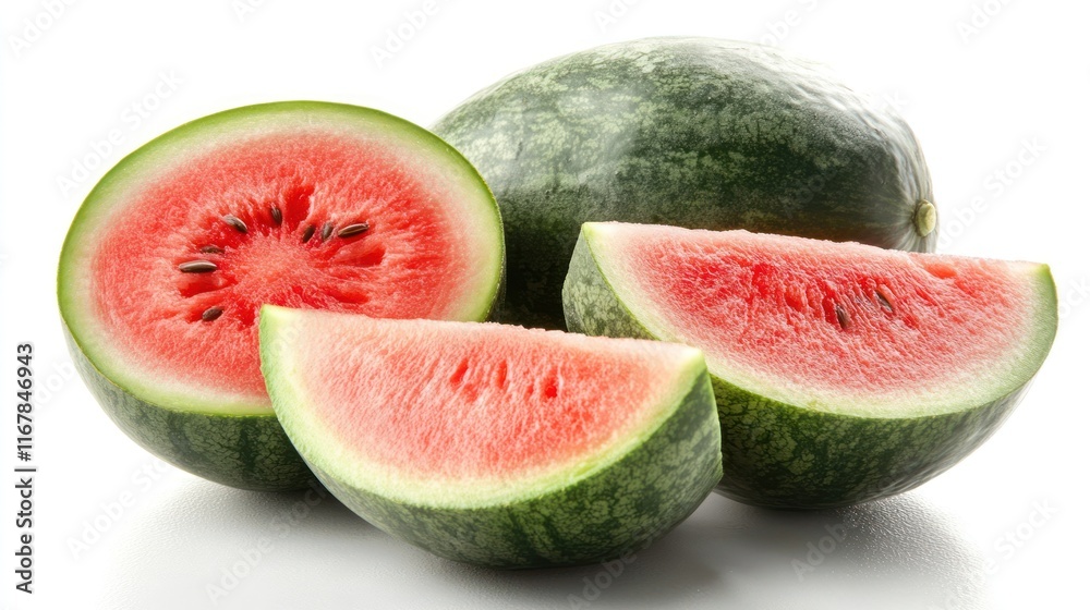Juicy watermelon halves and slices isolated on white. Juicy watermelon halves and slices isolated on white.