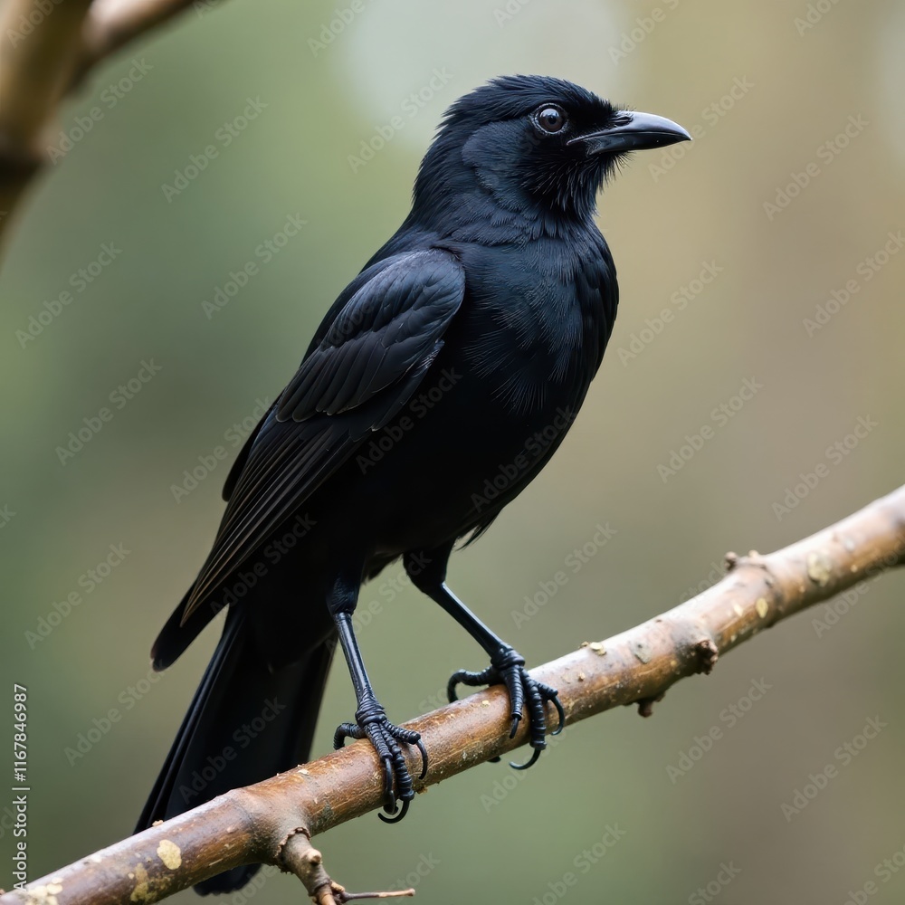 Fototapeta premium Black bird perched on branch with fluffy feathers spread out, nature, bird