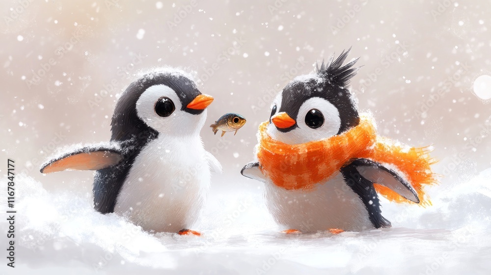 Fototapeta premium Two cute penguins in a snowy landscape, one holding a fish, conveying a playful scene.