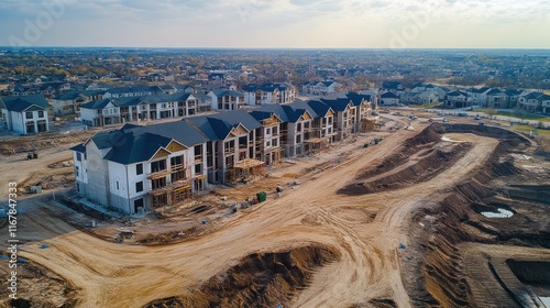 Aerial view of new apartment complex under construction, surrounded by undeveloped land. photo