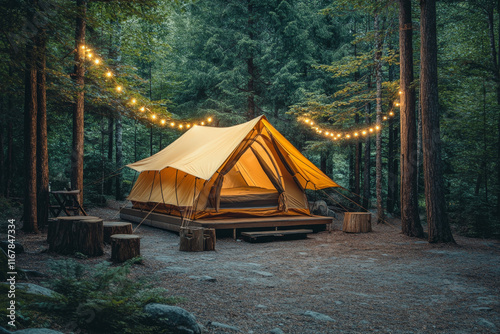 Tourist Tent Set Up in a Forest Camp for Outdoor Adventure