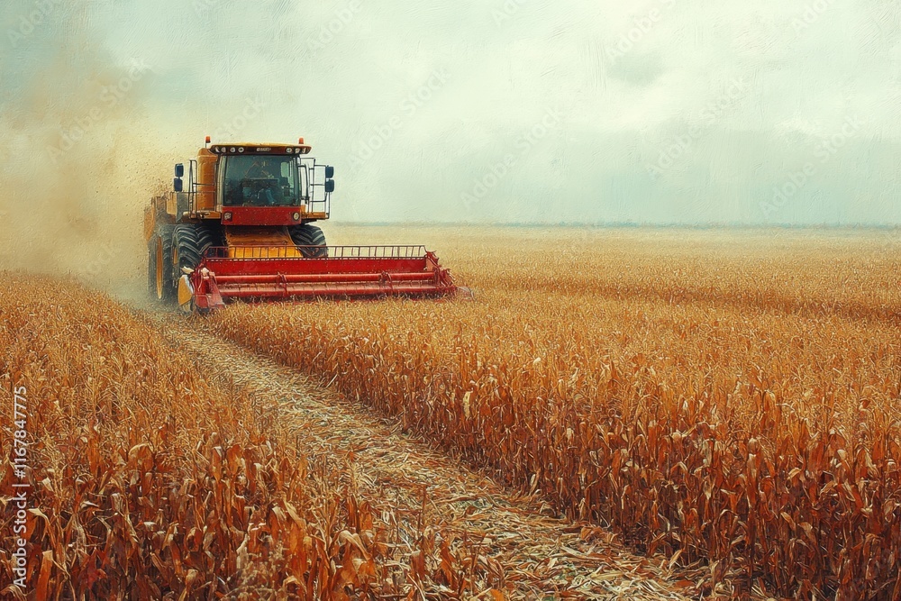 Fototapeta premium A large combine harvester moves through a cornfield, collecting ripe crops under cloudy skies. Generative AI