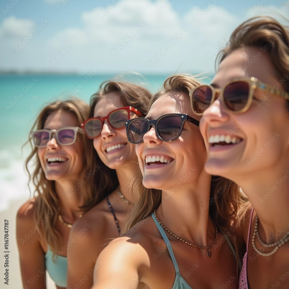 Friends enjoy a sunny day at the beach, smiling and laughing as they capture a fun moment together. The blue sky complements their joyful spirit and summer vibe. White sand. Generative AI Friends enjoy a sunny day at the beach, smiling and laughing as they capture a fun moment together. The blue sky complements their joyful spirit and summer vibe. White sand. Generative AI