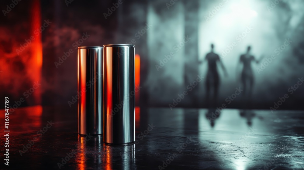 This image features two sleek metallic cans placed prominently, surrounded by smoke and shadowy figures, evoking a mysterious and intriguing atmosphere. This image features two sleek metallic cans placed prominently, surrounded by smoke and shadowy figures, evoking a mysterious and intriguing atmosphere.