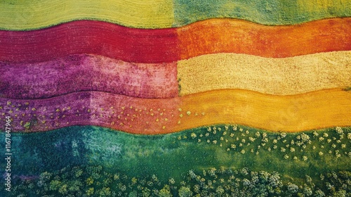 Aerial view of colorful fields, vibrant stripes of red, orange, yellow, purple, and green.