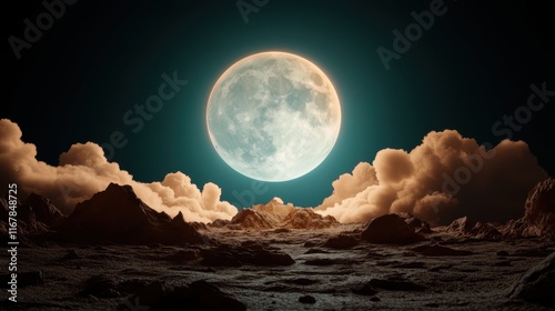 A striking scene showcasing a bright moon rising over orange-tinted clouds, creating a dramatic contrast against the rugged surface, inspiring awe and reflection. photo