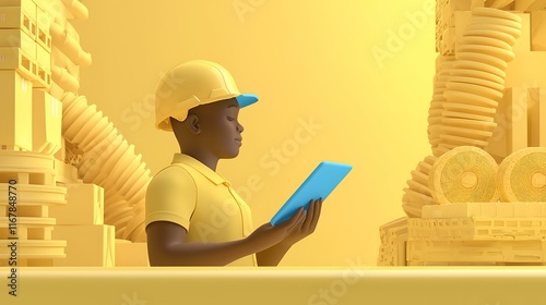 Warehouse workers using tablets to confirm cargo tracking and dispatch details.