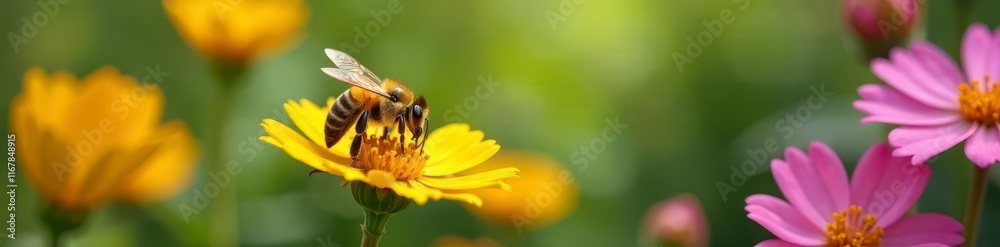 Beautiful bee surrounded by blooming flowers and greenery, bees, flowers, garden Beautiful bee surrounded by blooming flowers and greenery, bees, flowers, garden