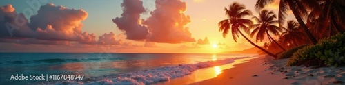 Palm trees sway in the warm summer breeze on a Mexican beach at sunset, palm fronds, sandy shore