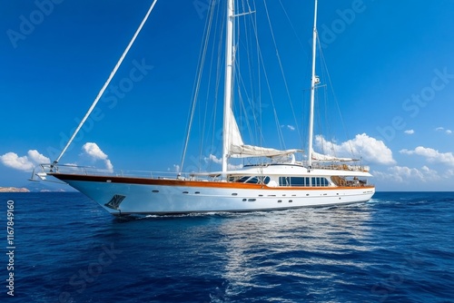Large white boat is sailing in the ocean